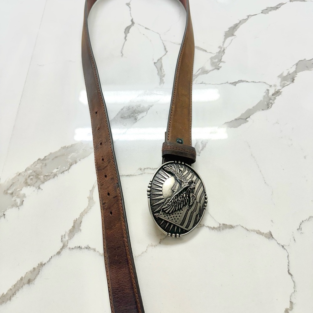 Men's Brown Leather Belt with Eagle Silver Buckle - Picture 4 of 5